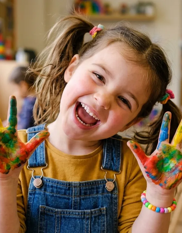 Happy girl showing colorful painted hands at Little Thinkers ABC classroom